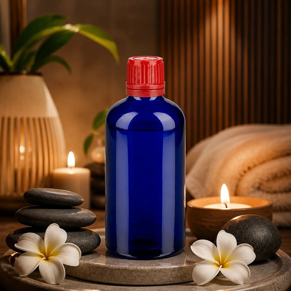 Frasco azul para medicamentos BlueLine UT18 de 100 ml con tapón rojo a prueba de niños para gotas