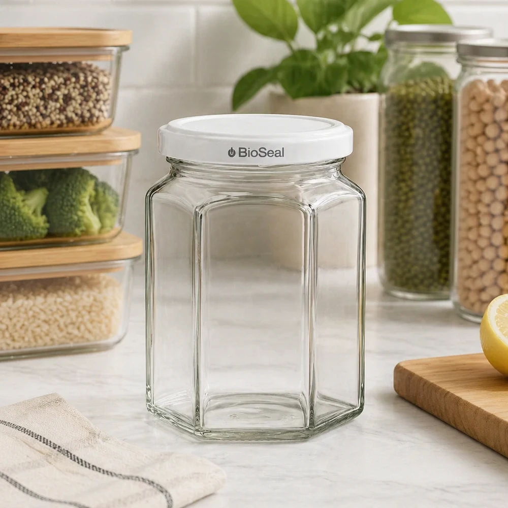 Tarro hexa de 288ml con tapa blanca BioSeal UNiTWIST UNiTWIST Hexa288 tarro de cristal vacío con tapa TO63 BioSeal blanca en una cocina moderna entre contenedores de almacenamiento
