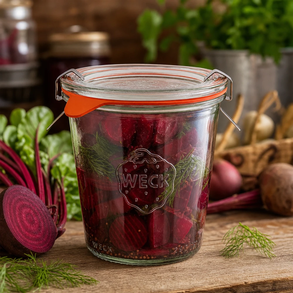 Tarro de conserva WECK 290ml RR80 relleno de rodajas de remolacha encurtida y eneldo fresco al estilo de la cocina rústica