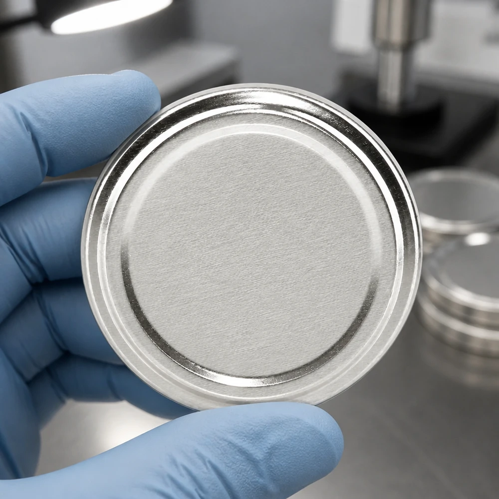 Tapa BasicSeal de 100 mm, plateada mate (TO100) UN... Tapa BasicSeal de 100 mm, color plata mate (TO100), en una mano con guante azul en un entorno de laboratorio