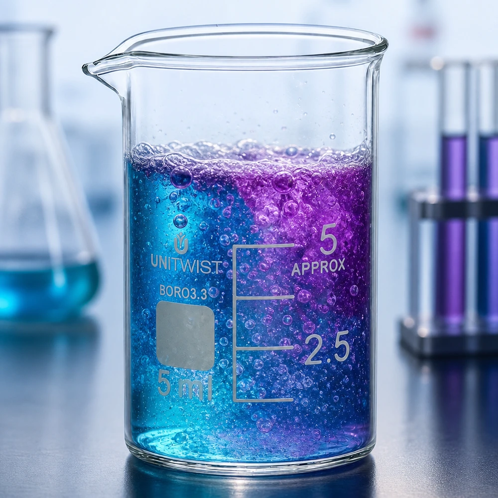 Vaso de precipitados de 5 ml, de forma baja, con reacción azul-violeta y formación de burbujas en el entorno del laboratorio