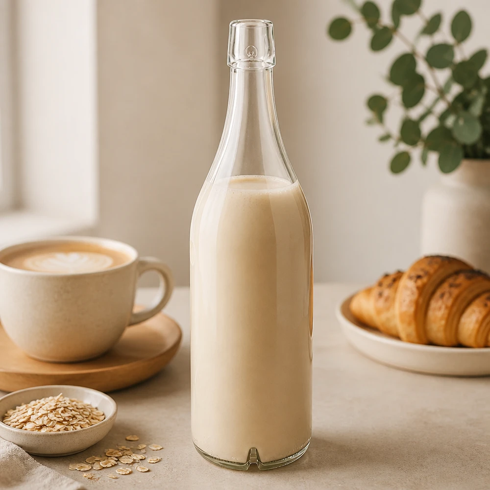 Botella de vidrio de 1000 ml sin tapón giratorio UNiTWIST Botella de vidrio 1000ml UNiTWIST llena de leche de avena desayuno mesa croissant café luz cocina vegetal
