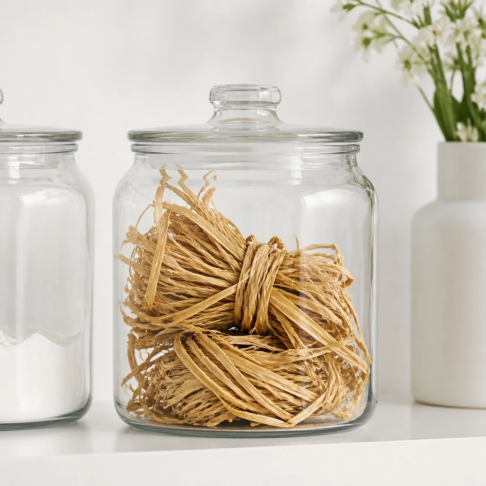 Rafia natural 30 g en tarro de cristal con tapa guardada junto a tarros blancos para organizar ordenadamente el material de manualidades