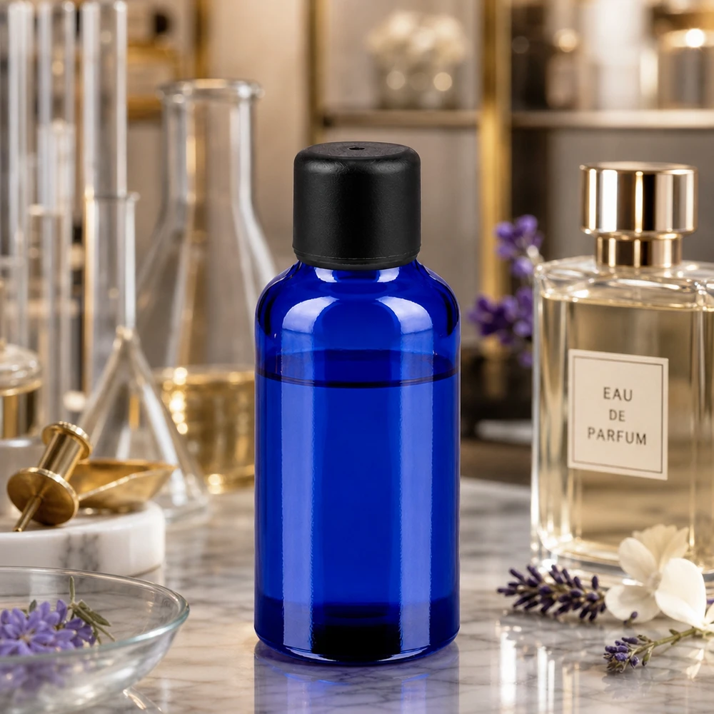 Frasco 30ml 6mm tapón rosca negro estándar BlueLine UT18/30 Práctico frasco de vidrio de 30 ml en elegante azul para la producción profesional de perfumes y mezclas de aromas
