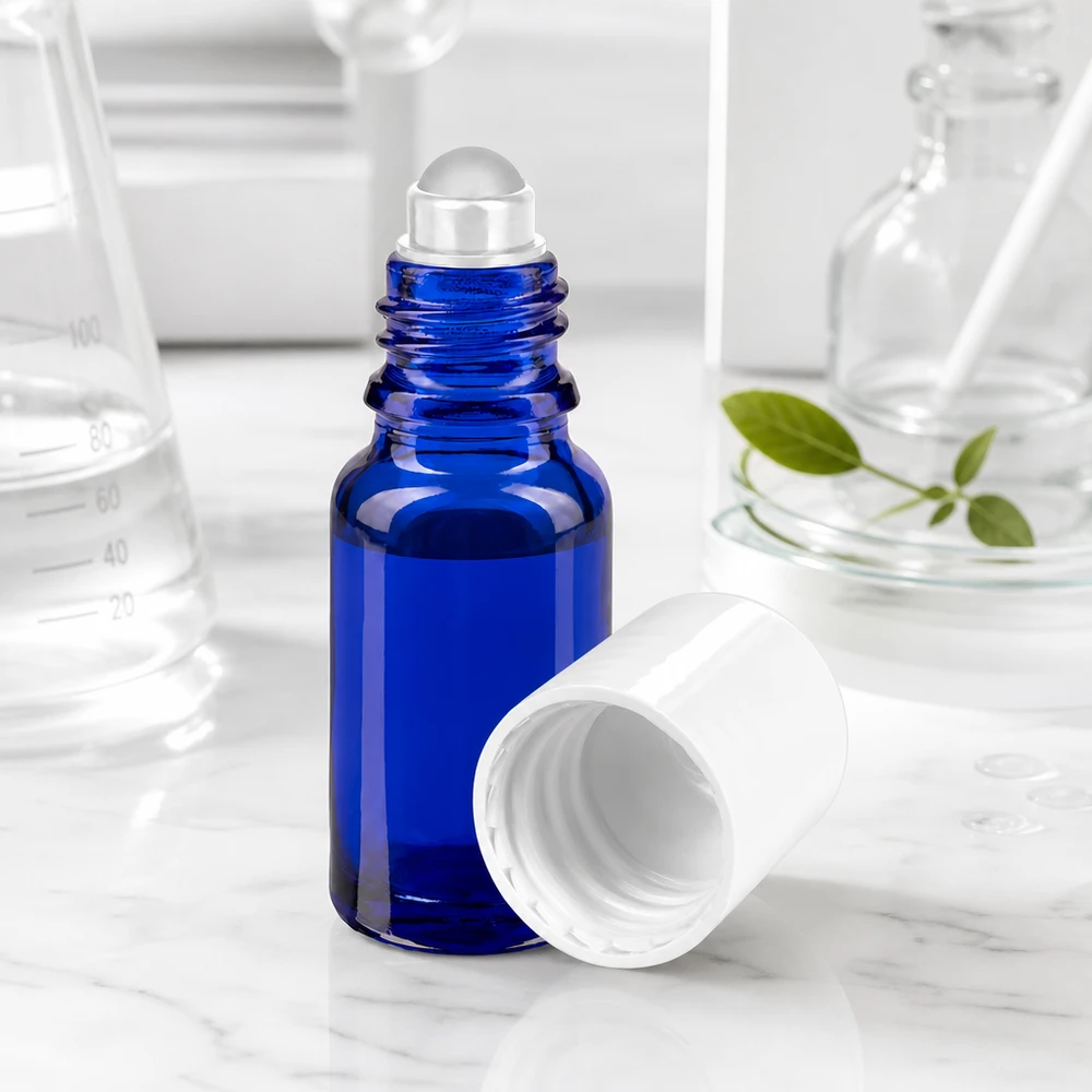 Botella de farmacia azul 10ml tapón roll-on blanco Frasco roll-on azul cobalto de 10 ml con bola de cristal transparente y tapón blanco sobre fondo de mármol