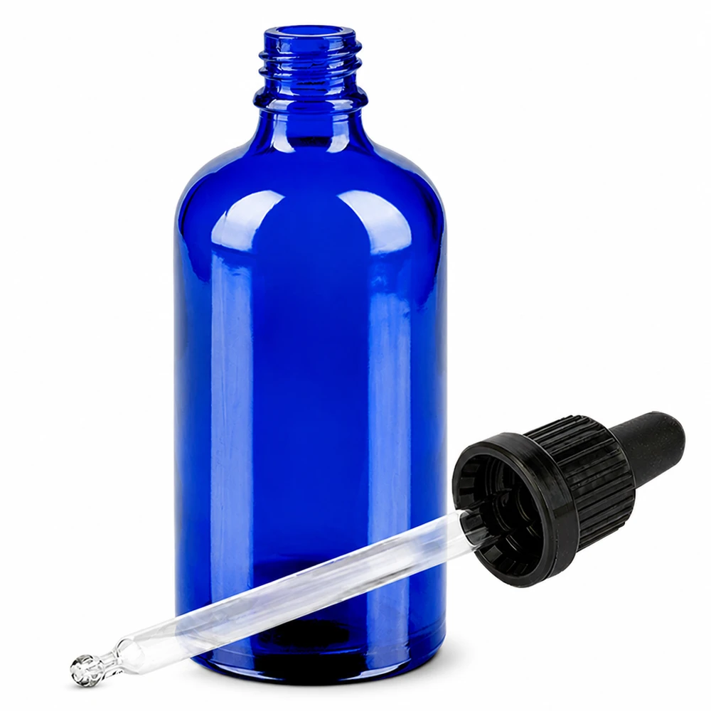 Frasco pipeta 100ml cierre inviolable negro BlueLine UT18/100 Frasco profesional de vidrio de 100 ml con pipeta en azul para laboratorios y cosmética