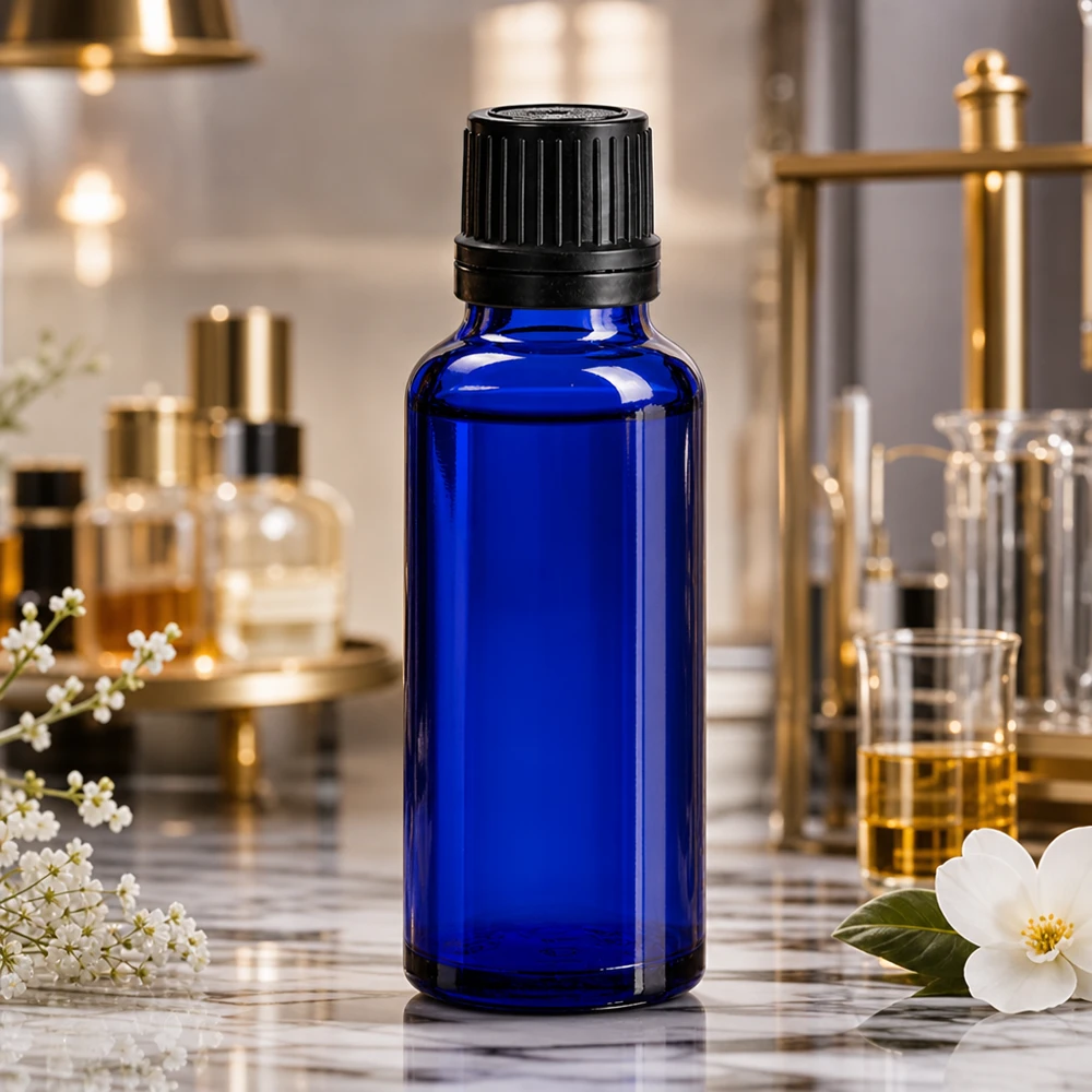 Botella de farmacia azul 30ml tapón de rosca negro anillo de vertido cierre inviolable Frasco de farmacia azul cobalto de 30 ml con tapón OV negro sobre una superficie de mármol en el laboratorio