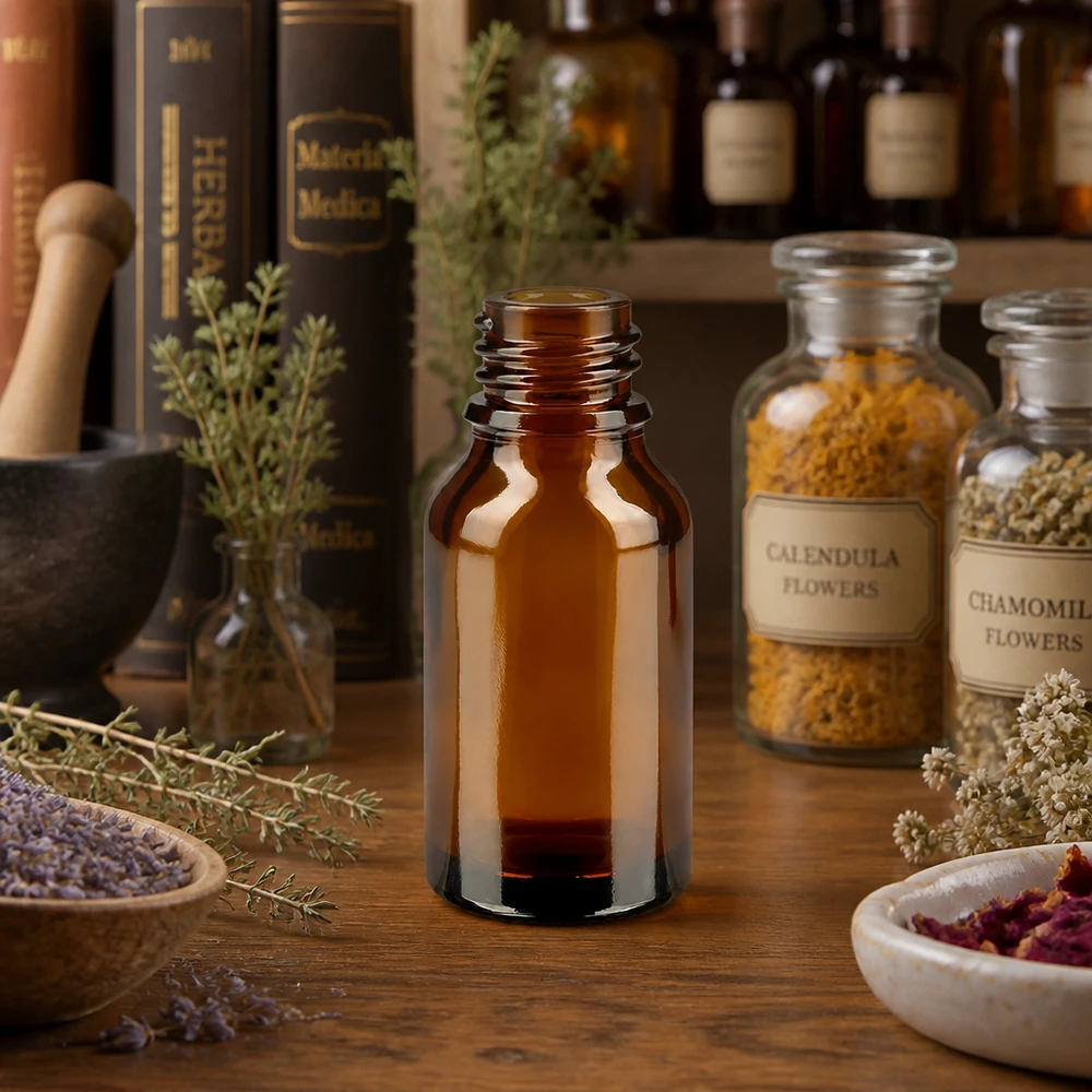 30ml frasco farmacia marrón forma alta ApoGlas farmacia hierbas plantas medicinales secas manzanilla lavanda libros