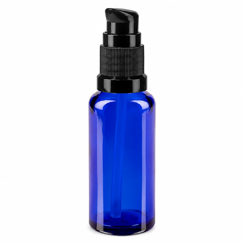 Botella de farmacia azul 30ml tapón pulverizador negro estándar Frasco de cristal azul de 30 ml con dosificador negro para farmacias y cosmética