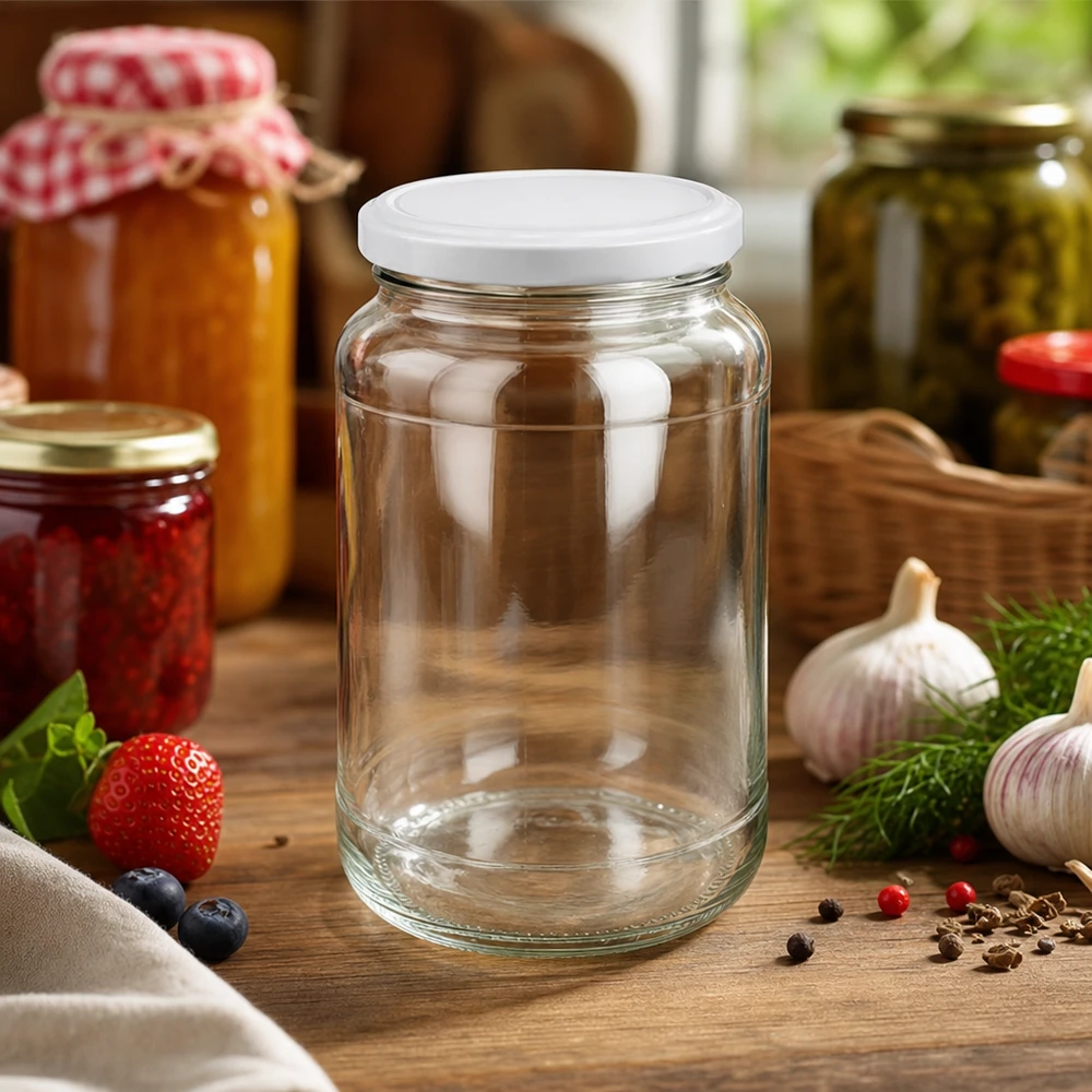 Tarro redondo 1700ml con tapa BasicSeal blanco UNiTWIST Tarro redondo de 1700 ml vacío con tapa blanca BasicSeal en la cocina entre tarros de mermelada e ingredientes frescos