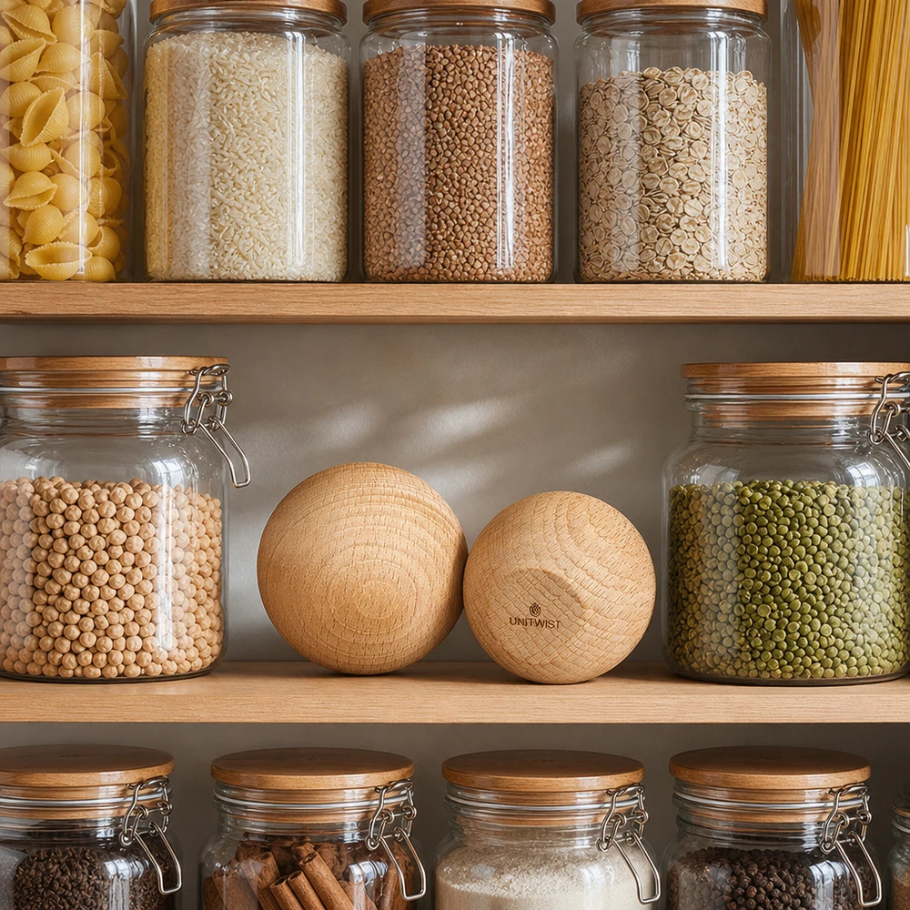 UNiTWIST bola de madera haya WECK RR60 en almacenamiento organizado cocina con tarros conservas legumbres cereales pasta