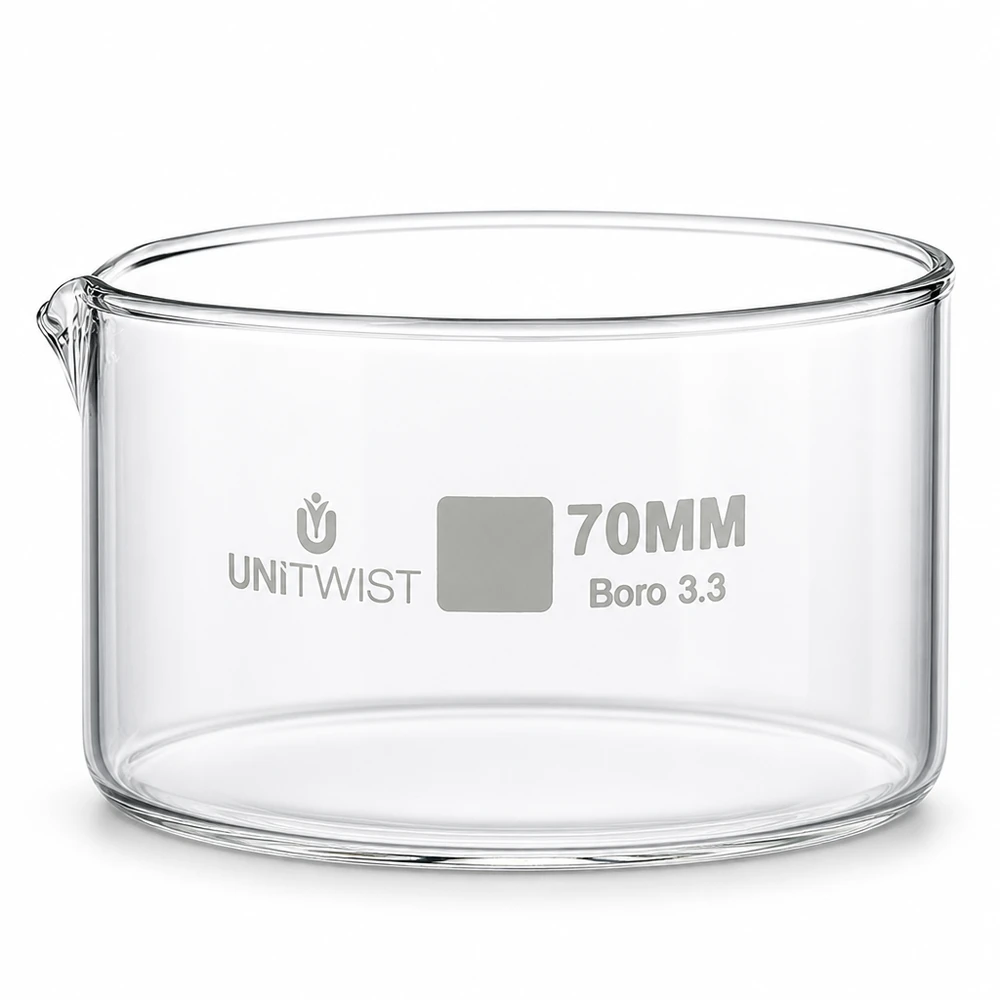 Recipiente de cristalización de 70 mm, vidrio borosilicato 3.3 UNiTWIST, transparente, cilíndrico, con pico vertedor