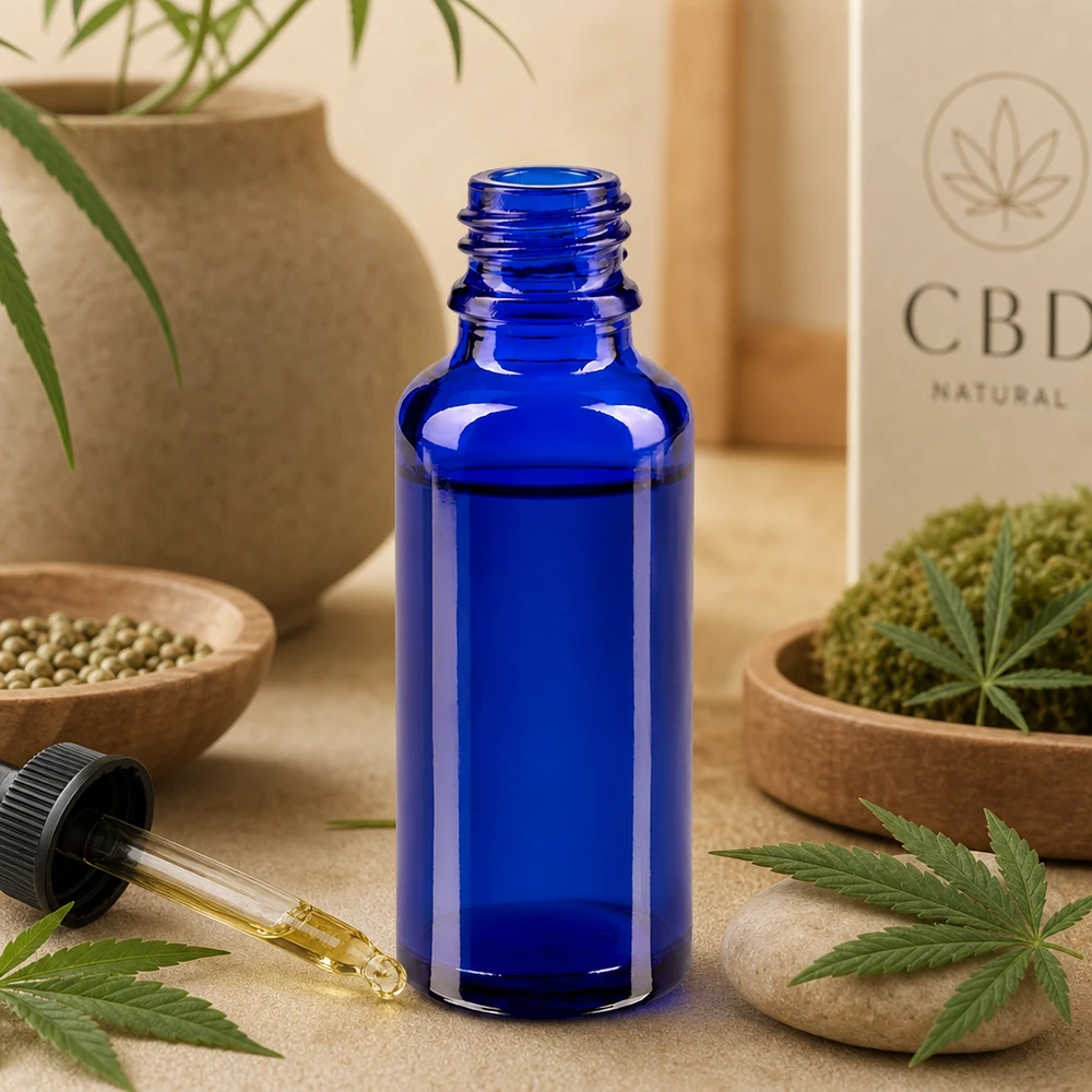 Frasco azul de farmacia ApoGlas de 30 ml con gotero para aceite de CBD, con un diseño natural decorado con hojas de cáñamo