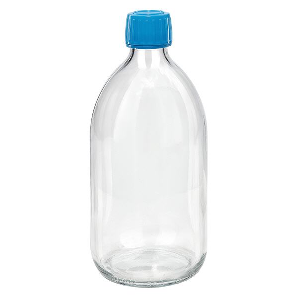 Frasco medicamento 500ml transparente, tapón azul con precinto de seguridad ApoGlas Frasco medicamento 500ml transparente, tapón azul con precinto de seguridad ApoGlas