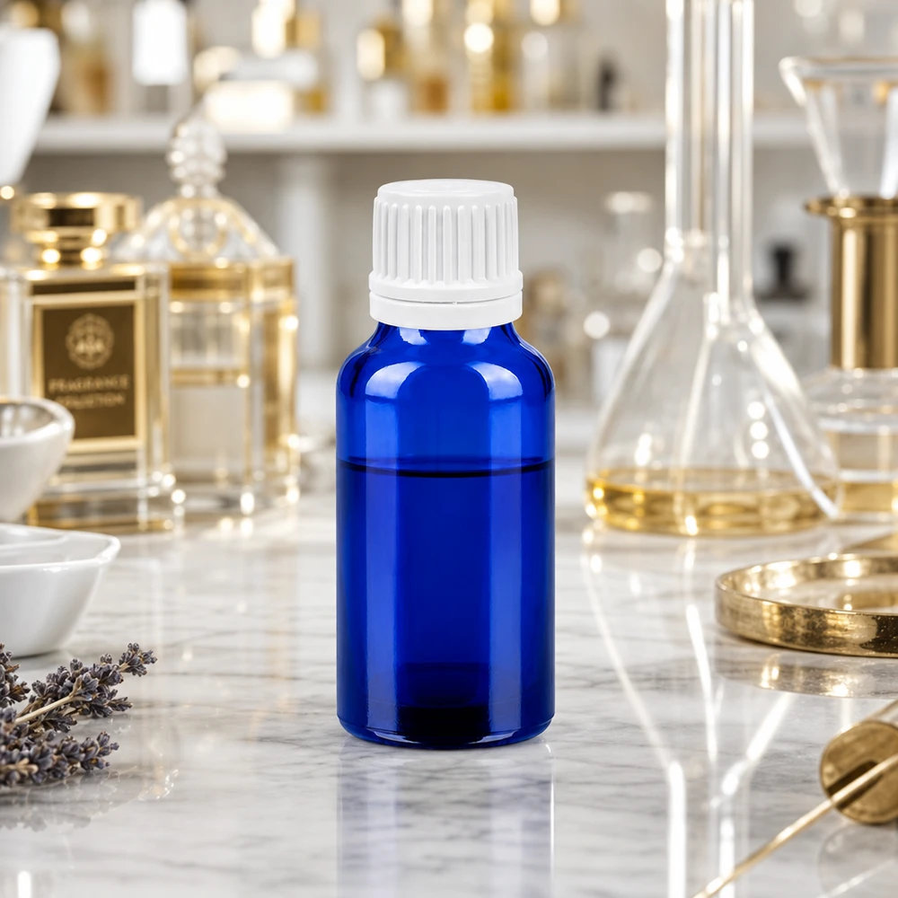 Botella 20ml 11mm tapón rosca blanco cierre inviolable BlueLine UT18/20 Frasco compacto de vidrio de 20 ml en elegante azul cobalto con práctico tapón de rosca de 11 mm
