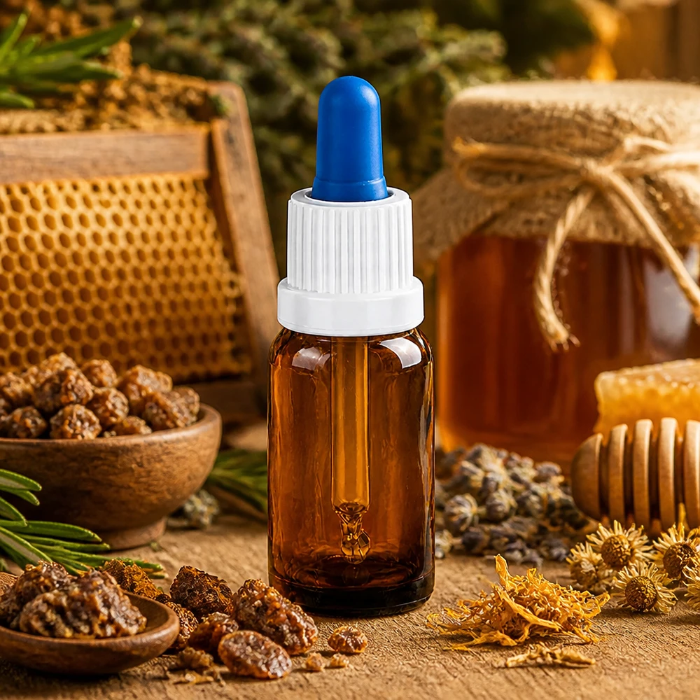 Frasco gotero de 10 ml de color marrón con práctico tapón de pipeta para una dosificación exacta de los aceites