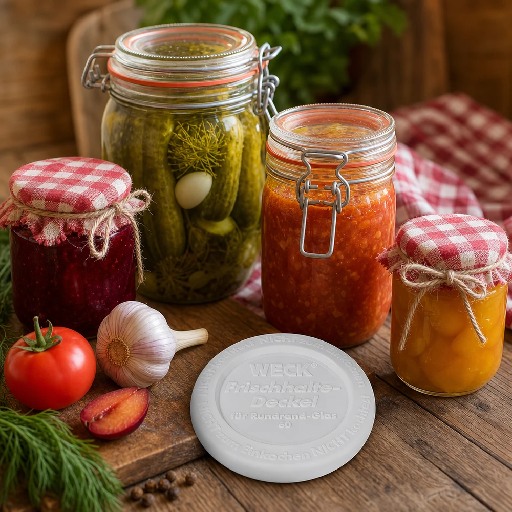 WECK Frischhaltedeckel RR60 Einmachgläser mit hausgemachten Konserven Marmelade Gurken Tomaten rustikale Küche