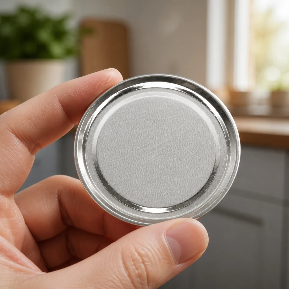 Tapa BasicSeal de 100 mm, plateada mate (TO100) UN... Tapa BasicSeal de 100 mm, color plata mate (TO100), sostenida con una mano frente al fondo de una cocina