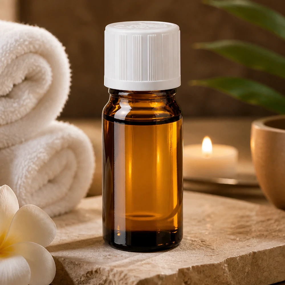 Botella de farmacia marrón 5ml tapón de rosca blanco estándar a prueba de niños Frasco de cristal marrón de 5 ml con tapón de seguridad para niños de color blanco, sobre una piedra natural con flores y una vela