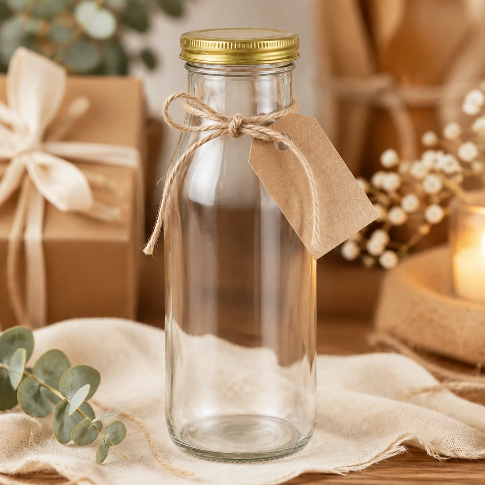 Botella 263ml con tapa BioSeal dorada UNiTWIST UNiTWIST Bottle263 als Geschenkidee mit Bastband und Etikett in festlicher Dekoration mit goldenen TO43 BioSeal Deckel