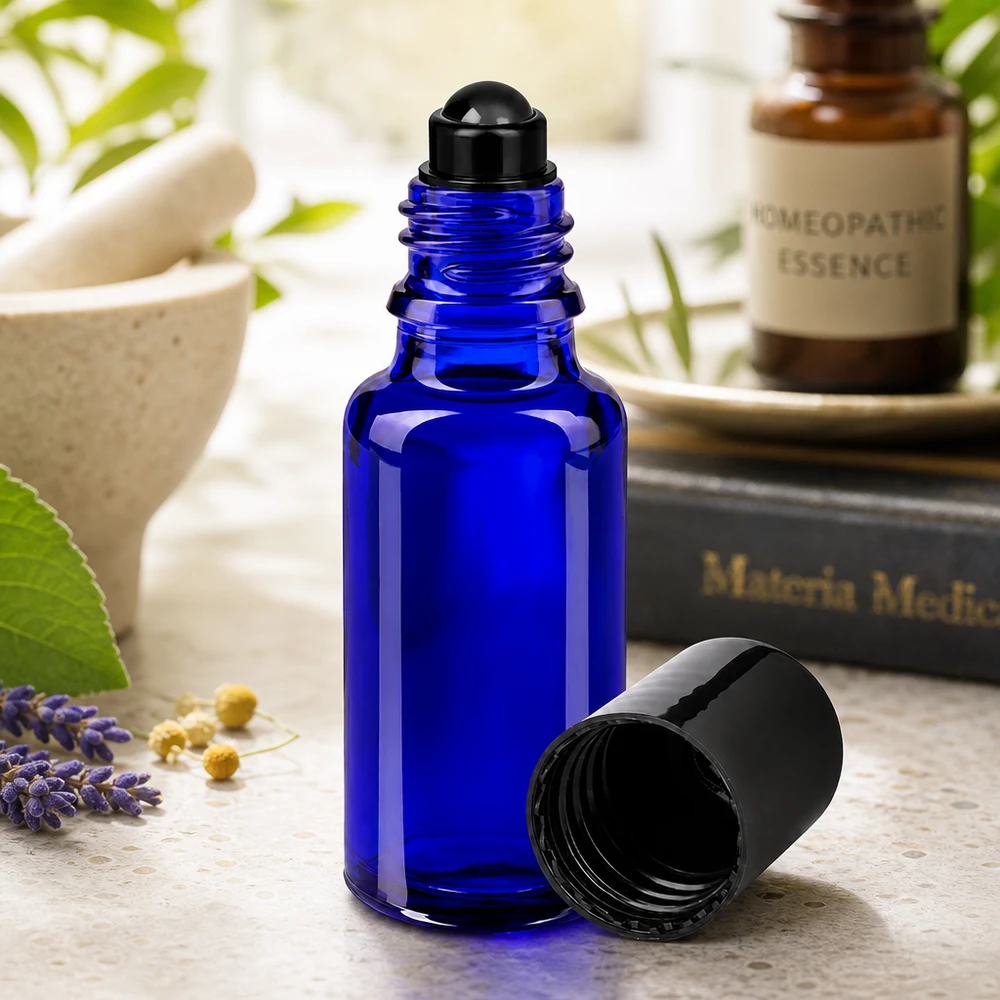 Frasco de cristal azul cobalto de 20 ml con bola rodante negra para aceites esenciales
