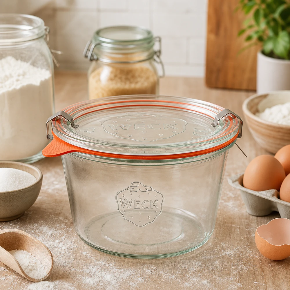 WECK 370ml RR100 tarro de albañil vacío en la encimera de la cocina entre los ingredientes para hornear muestra el uso versátil en la panadería