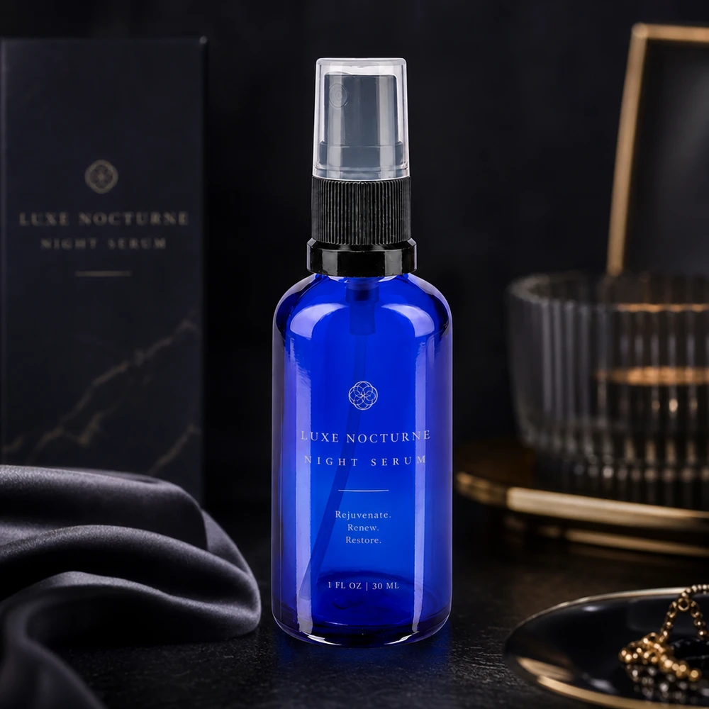 Frasco de cristal con pulverizador de 30 ml de color azul y pulverizador negro, como envase para un sérum de noche