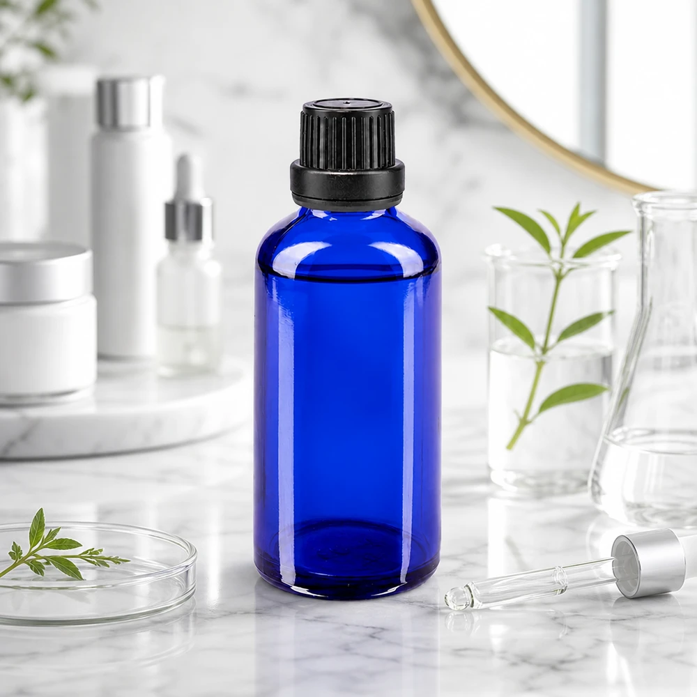 Botella de farmacia azul 50ml tapón rosca negro cierre inviolable Frasco de cristal azul de 50 ml con tapón negro sobre una superficie de mármol, junto a una pipeta y unas plantas verdes