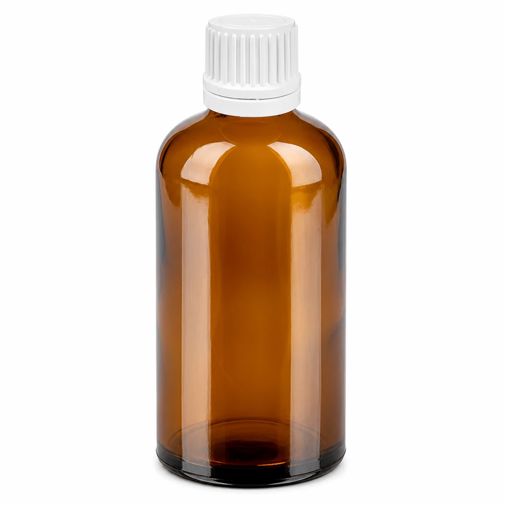 Frasco cuentagotas de 100 ml 0,7 mm blanco cierre inviolable BrownLine UT18/100 Frasco cuentagotas de vidrio ámbar de 100 ml con tapón blanco e inserto cuentagotas de 0,7 mm para una dosificación precisa