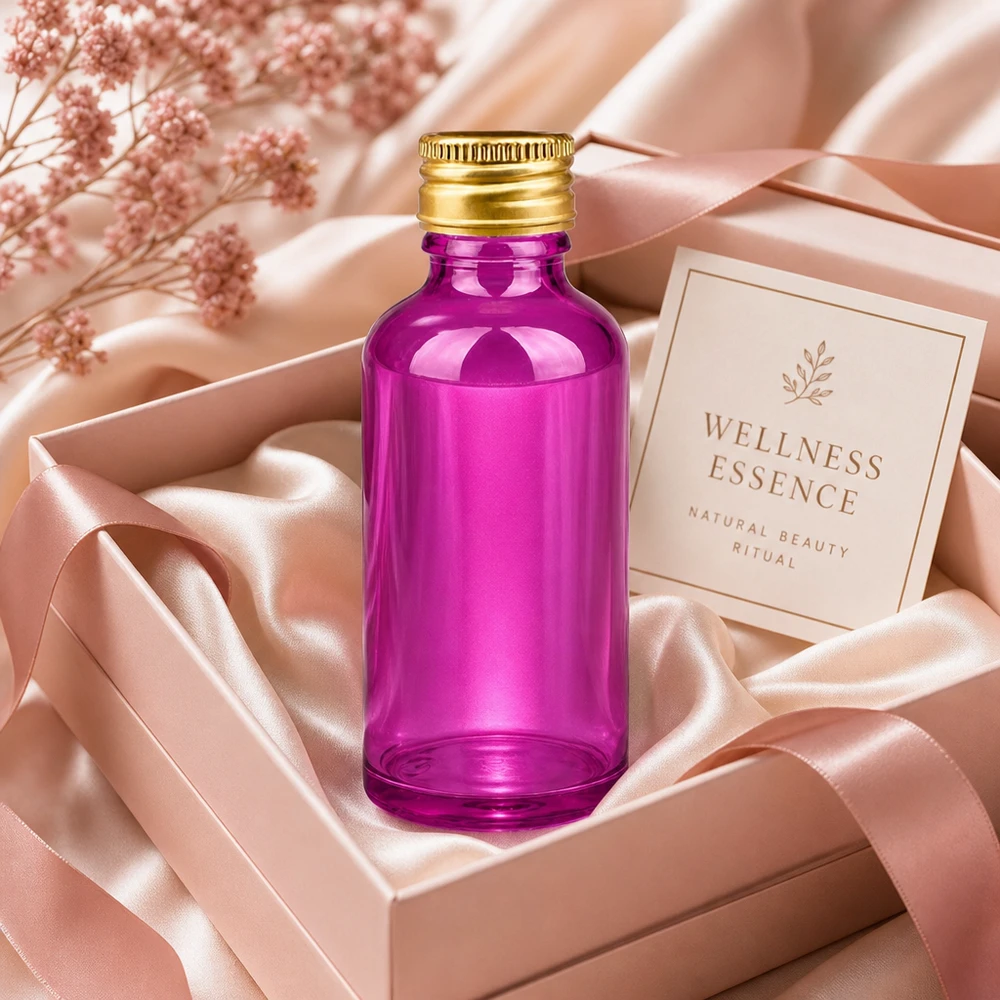 Frasco de 50 ml con tapón de rosca de 11 mm de aluminio estándar dorado PurpleLine. UT18/50 Frasco de 50 ml de Premium Wellness Essence en elegante violeta con lujoso tapón de aluminio dorado