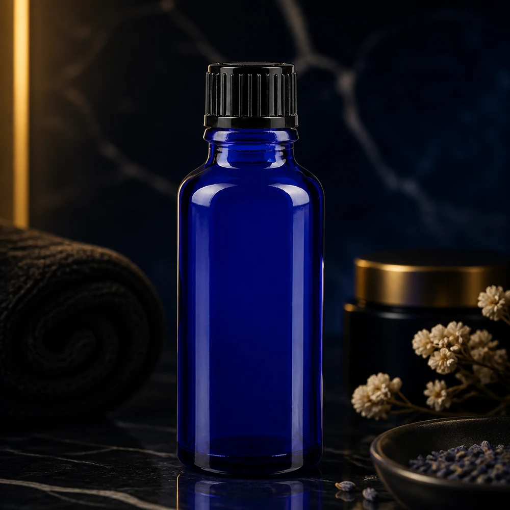 Frasco cuentagotas azul oscuro de 30 ml con tapón de rosca estriado sobre fondo de mármol negro con flores secas