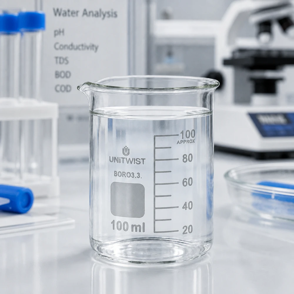 Vaso 100 ml borosilicato, molde bajo UNiTWIST Vaso de precipitados de 100 ml, de forma baja, con agua transparente para el análisis del agua: pH, conductividad, TDS, DBO y DQO