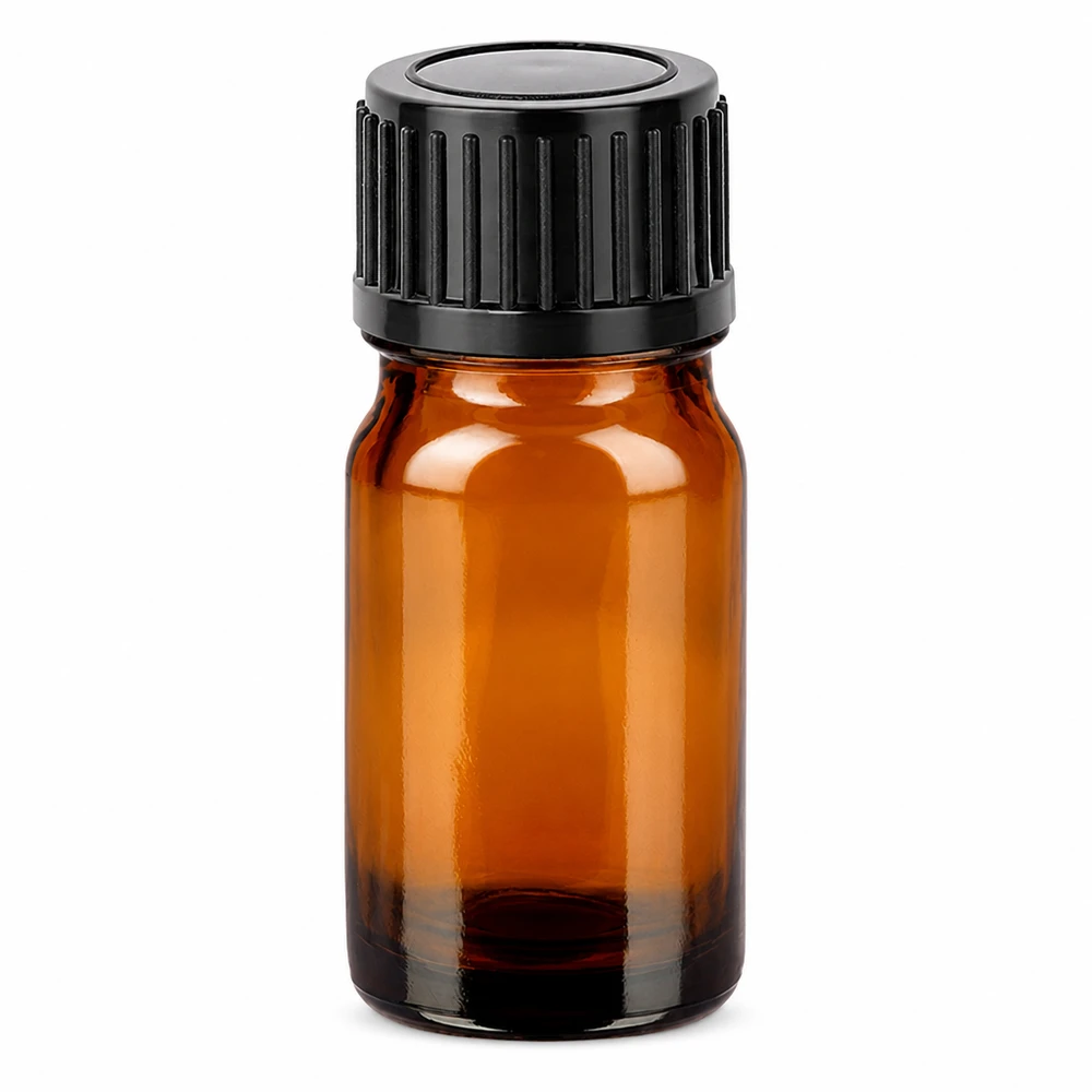 Frasco de vidrio ámbar de 5 ml con tapón de rosca negro para aceites esenciales y aromaterapia
