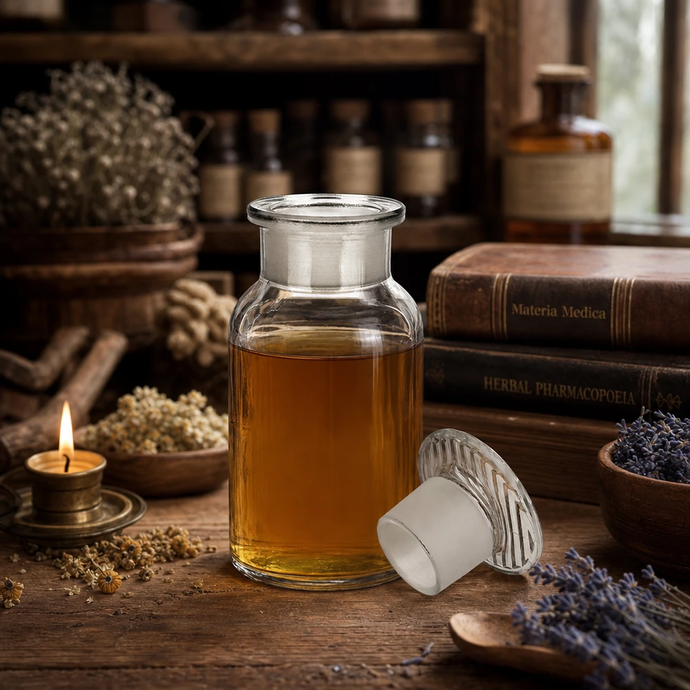 Frasco de farmacia transparente de 100 ml con tapón de cristal y cuello ancho para tinturas de hierbas y aceites