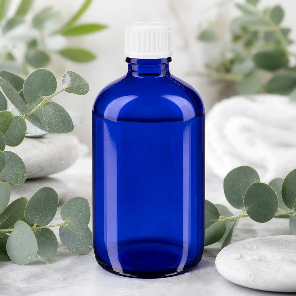 Botella de farmacia azul 100ml tapón rosca blanco estándar Frasco de farmacia azul cobalto de 100 ml con tapón blanco entre ramas de eucalipto