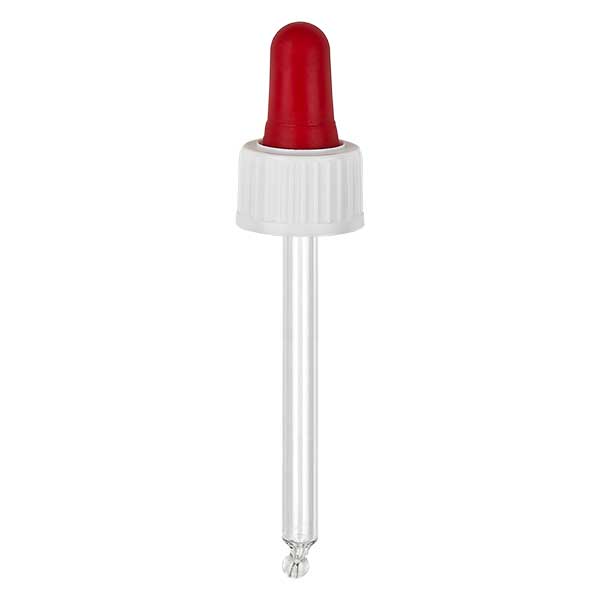 Pipeta cuentagotas de vidrio blanco/rojo 18mm PL66 standard