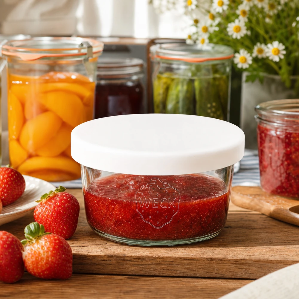 Tarro de cristal WECK de 165 ml con tapa de silicona blanca lleno de mermelada de fresa junto a fresas frescas sobre una tabla de madera