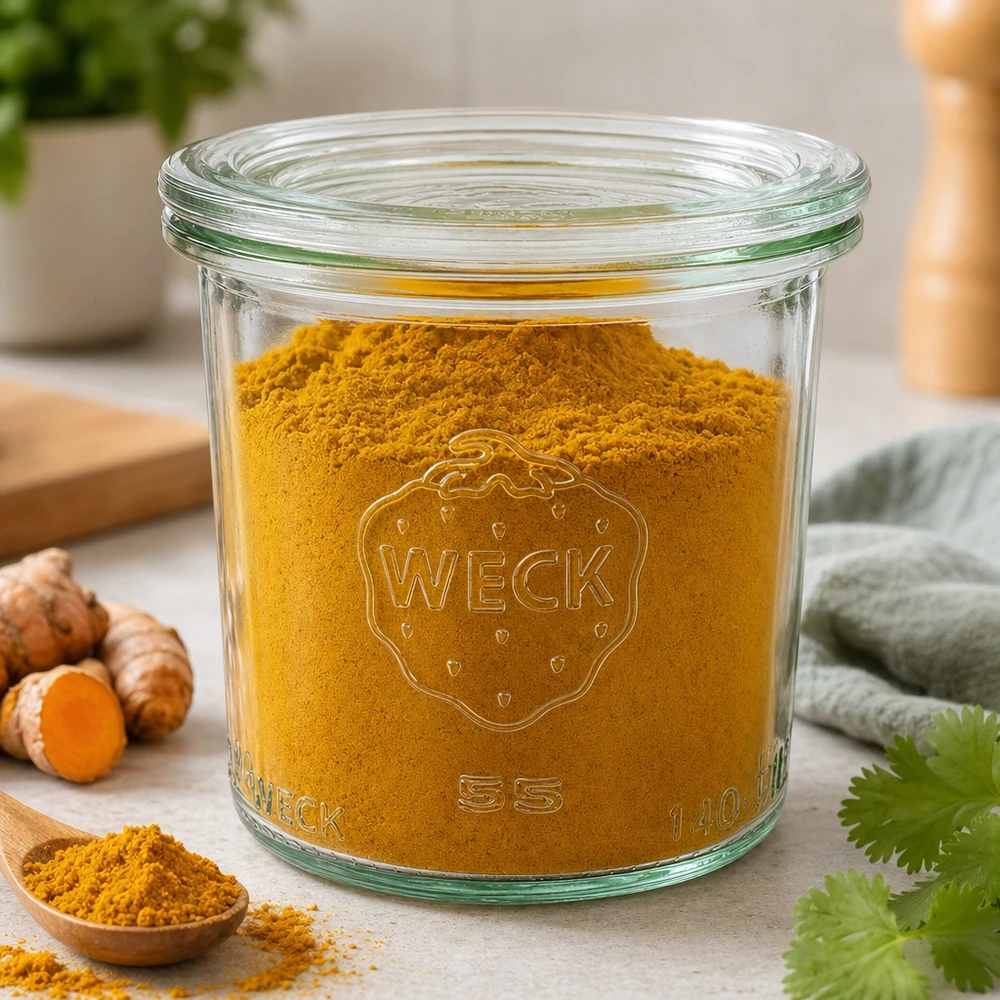 WECK Tarro de cristal de 140 ml con tapa de cristal RR60 | Calidad superior WECK Sturzglas 140ml RR60 mit Kurkumapulver gefüllt zeigt Verwendung als Gewürzglas neben frischem Kurkuma