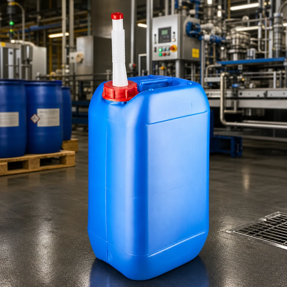 Bidón industrial azul de 15 litros con boquilla flexible en un entorno industrial moderno