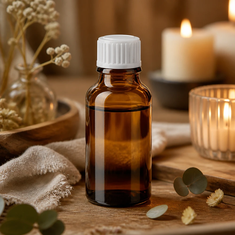 Frasco de cristal de 20 ml de color ámbar con tapón de rosca blanco sobre una tabla de madera, junto a ramas de eucalipto y velas