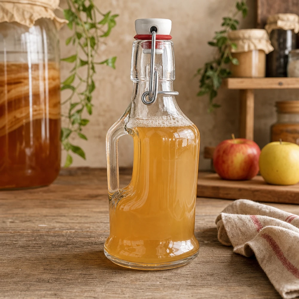 Botella de cristal UNiTW Bertha 200ml llena de zumo de manzana en cocina rústica junto a manzanas detalle superior columpio