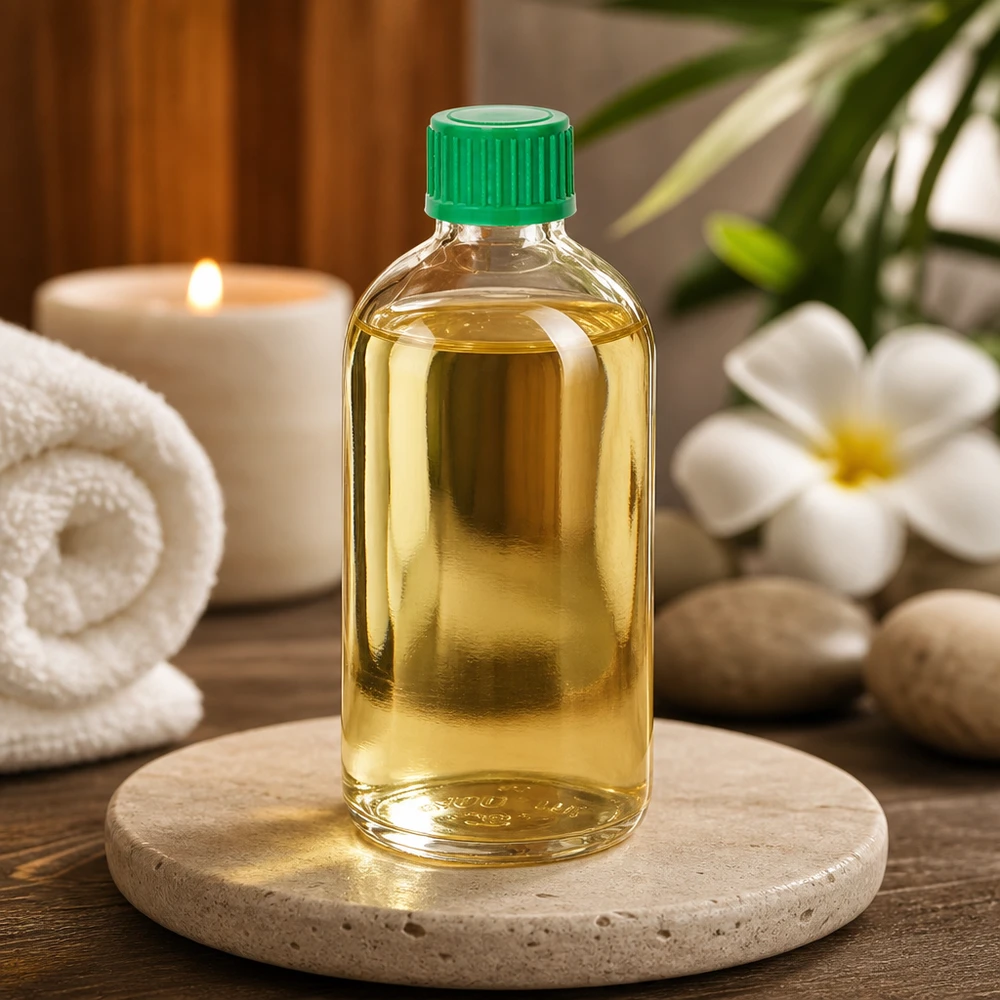 Frasco cuentagotas de 100 ml y 0,8 mm de color verde con cierre estándar ClearLine UT18/100 Frasco cuentagotas ClearLine UT18 de 100 ml con tapón verde sobre piedra natural, junto a accesorios de bienestar