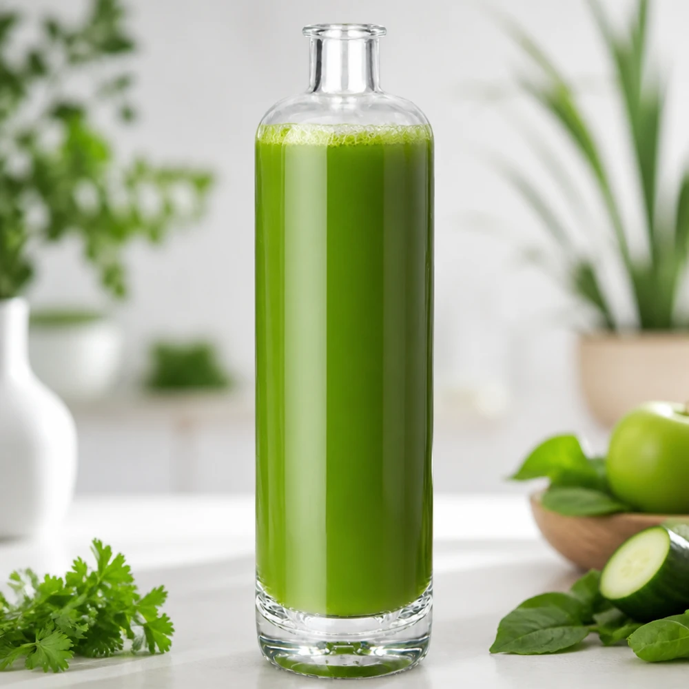 Botella de vidrio de 700 ml «Ella» sin tapón UNiTWIST® Botella de cristal de 700 ml de Ella llena de batido verde en la cocina decorada con hierbas y verduras frescas