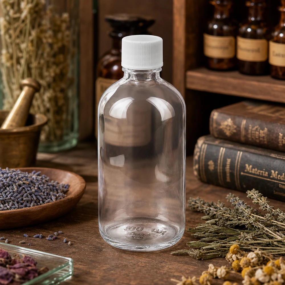 Botella de 100 ml con tapón de rosca de 11 mm blanco ClearLine estándar UT18/100 Frasco de farmacia pequeño ClearLine UT18 de 100 ml con tapón blanco estándar, con decoración de hierbas