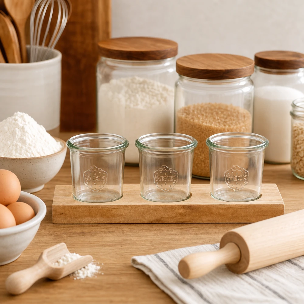 Tarros vacíos WECK 140ml sobre tabla de madera Plano3 en cocina con ingredientes para hornear harina huevos y rodillo para hornear