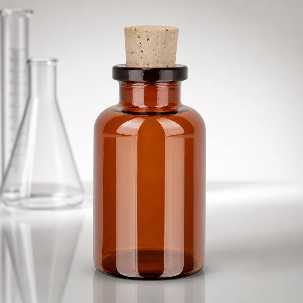 Botella de vidrio ámbar, 20ml, con corcho 11/14mm Kleine Braunglasflasche zylindrisch 20ml mit Korken für Proben und Reagenzien