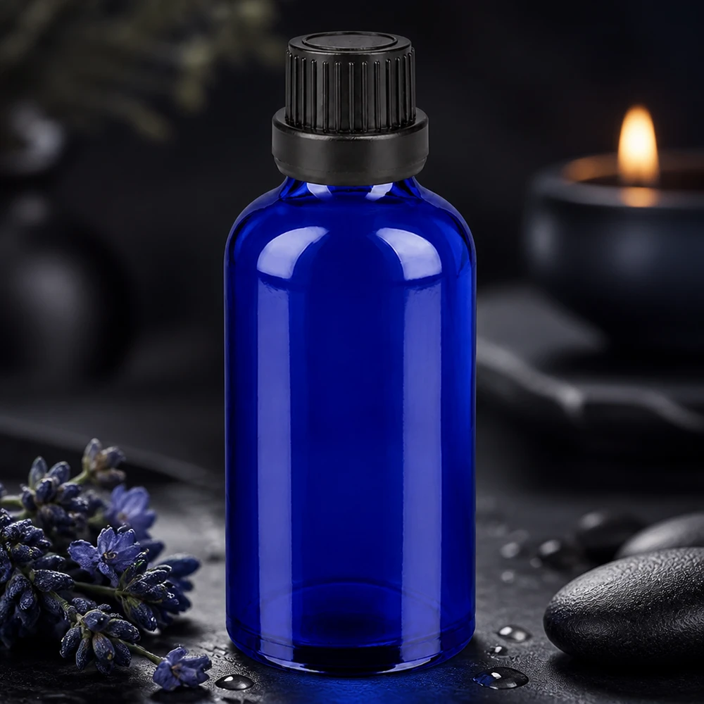 Botella 50ml tapón rosca 11mm negro cierre inviolable BlueLine UT18/50 Elegante botella de cristal azul de 50 ml con tapón negro a prueba de manipulaciones para uso profesional
