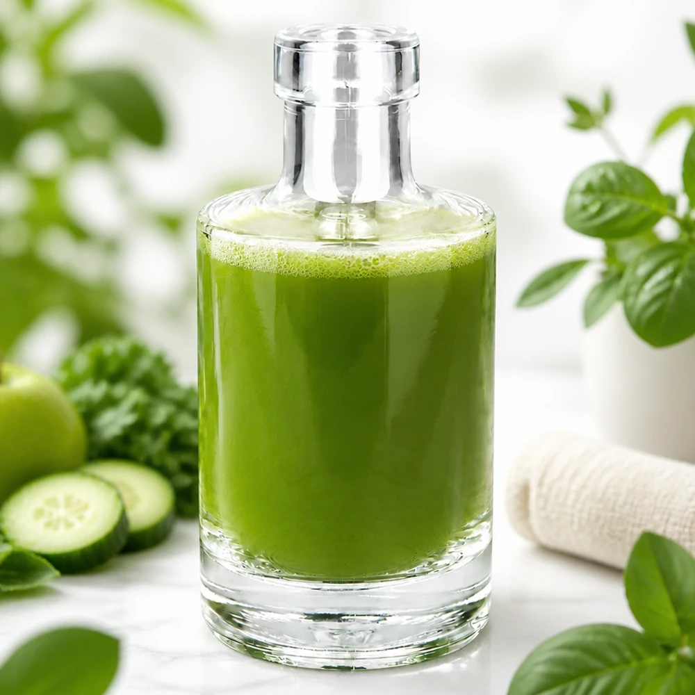 Botella de cristal de 200 ml Marie llena de batido verde rodeado de pepinos y plantas estilo de vida nutrición saludable