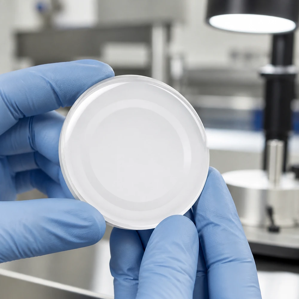 Primer plano de una tapa de rosca blanca TO43 de 43 mm BasicSeal UniTwist con guantes de laboratorio