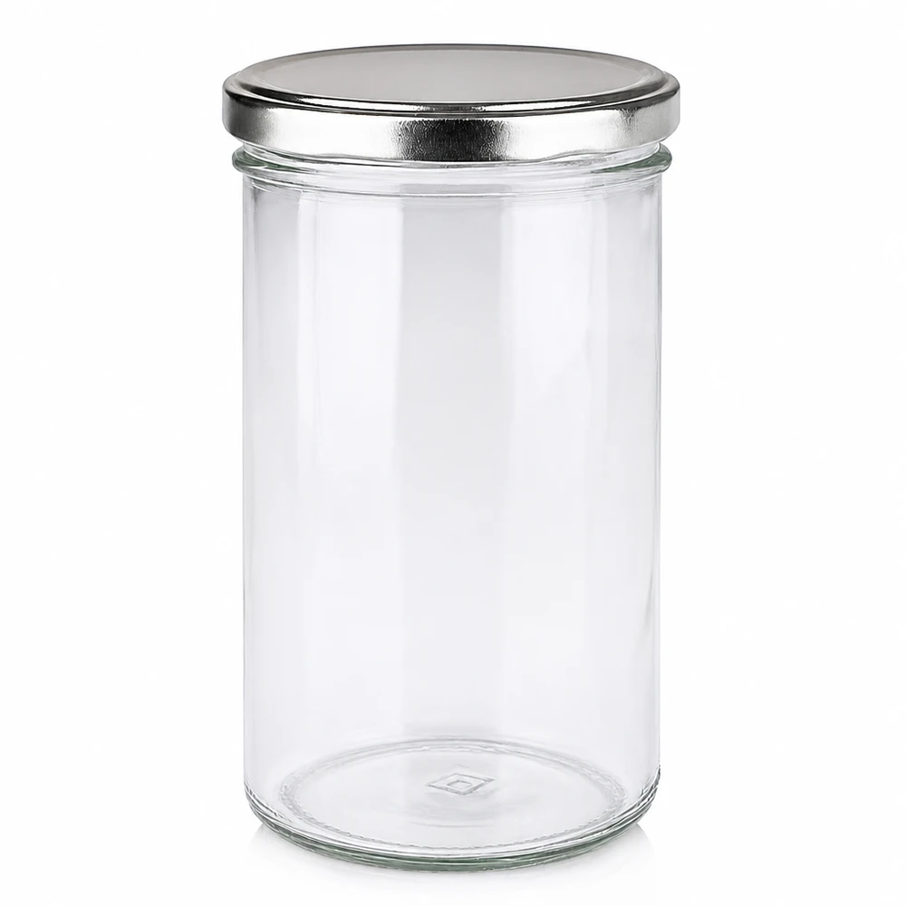Vasos de 277ml con tapa BasicSeal plata UNiTWIST Tarro de conservas de 277 ml con tapa plateada BasicSeal vacío sobre fondo blanco Tarro de conservas Tarro de almacenamiento